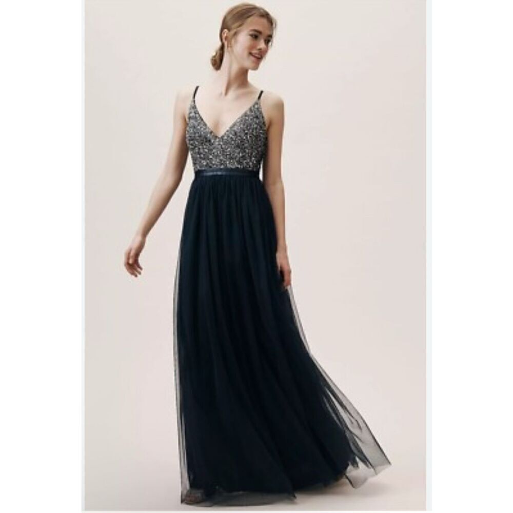 BHLDN NWOT Avery navy sequin covered bodice with frothy tulle skirt dress 4